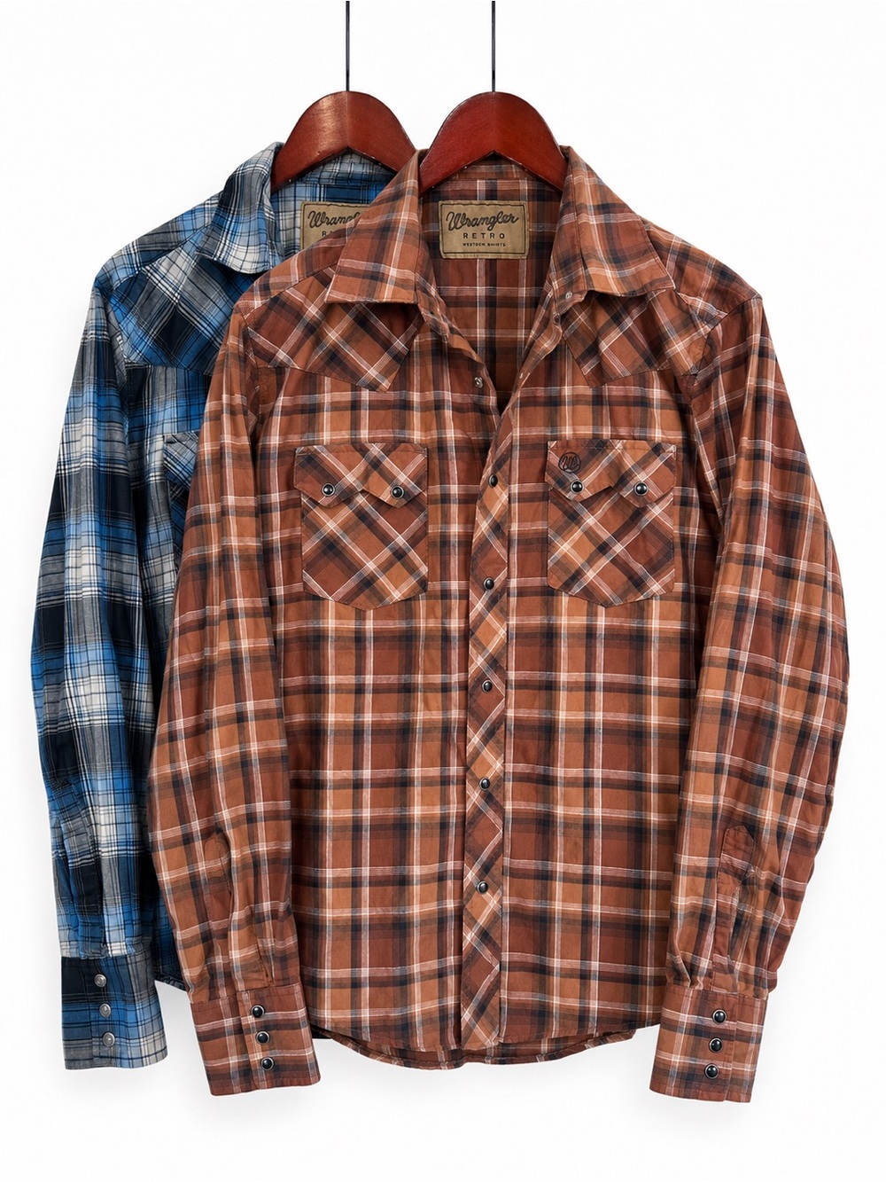 Wrangler Retro Men's Brown and Blue Plaid Button-Down Western 2 Pack